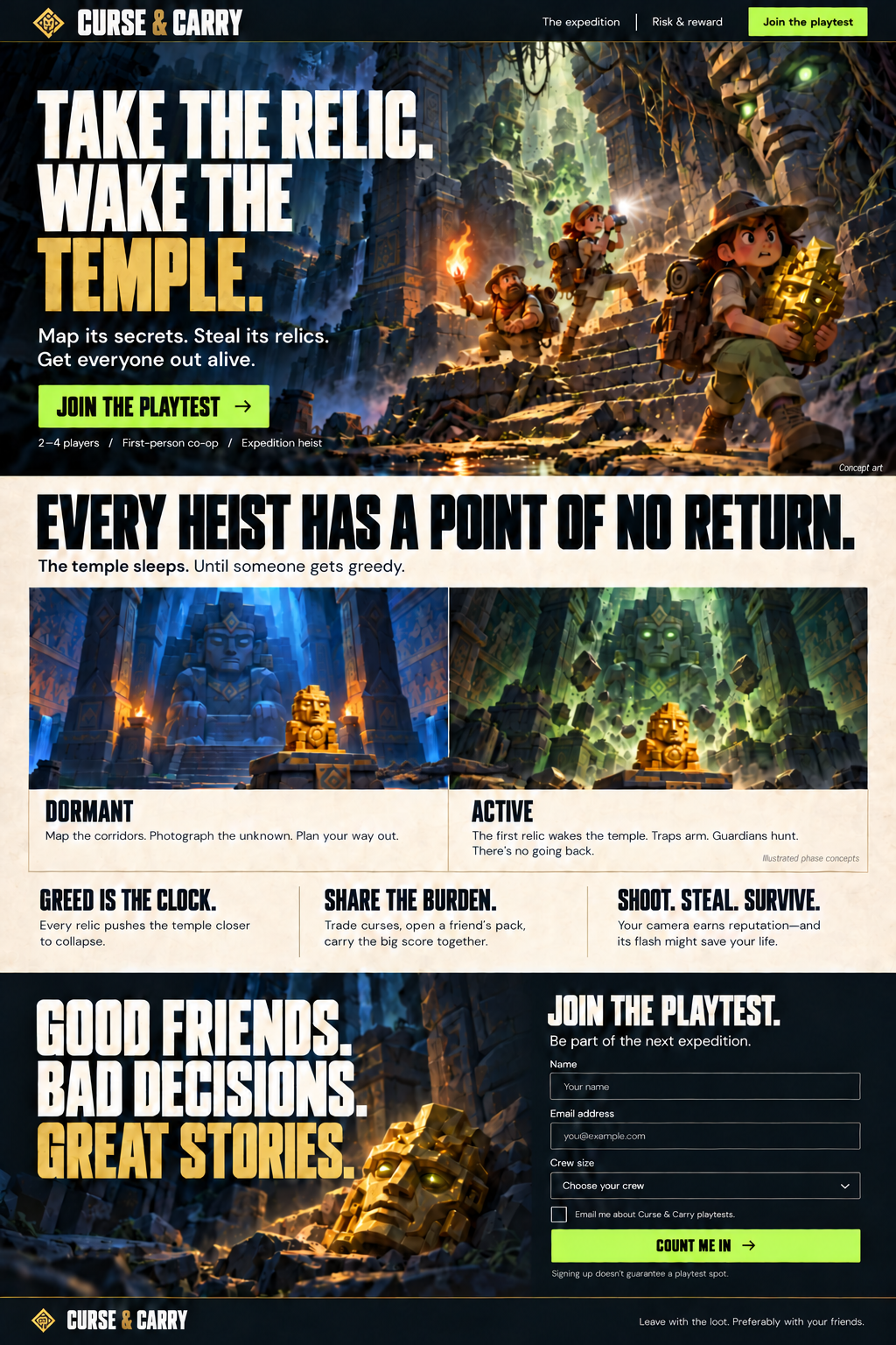 A golden relic rests before a sleeping stone guardian in a cool blue temple.